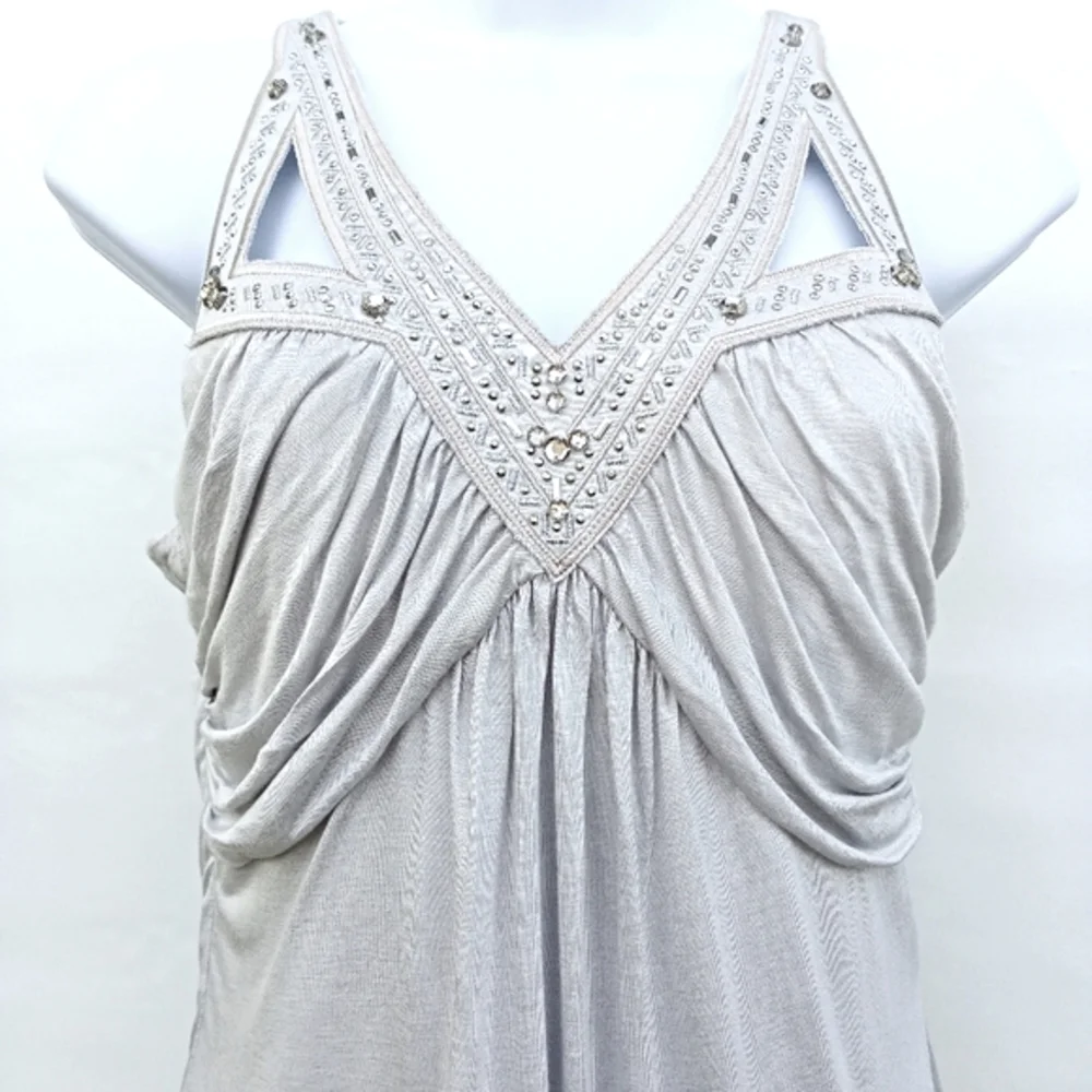 White House Black Market Sleeveless Draping Jeweled Top Jersey Ice Gray X Small - Picture 6 of 10